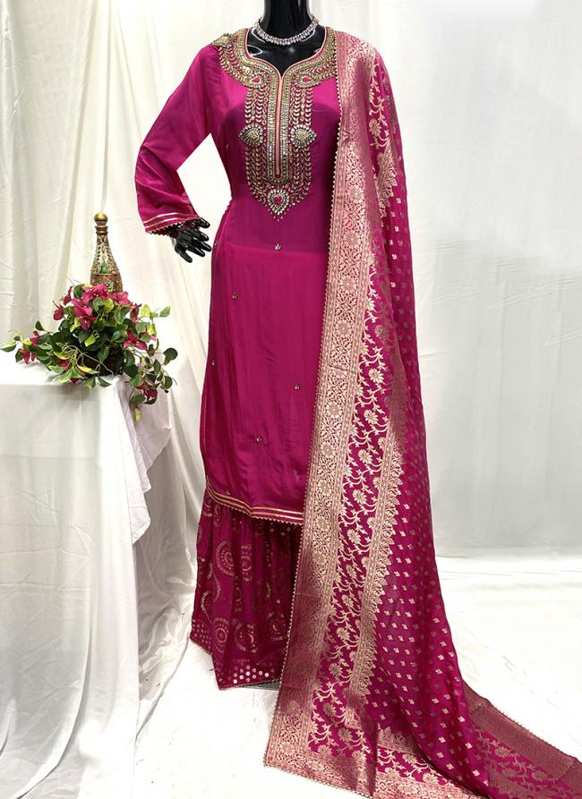 Uppda Silk Rani Pink Traditional Wear Stone Work Readymade Sharara Suit